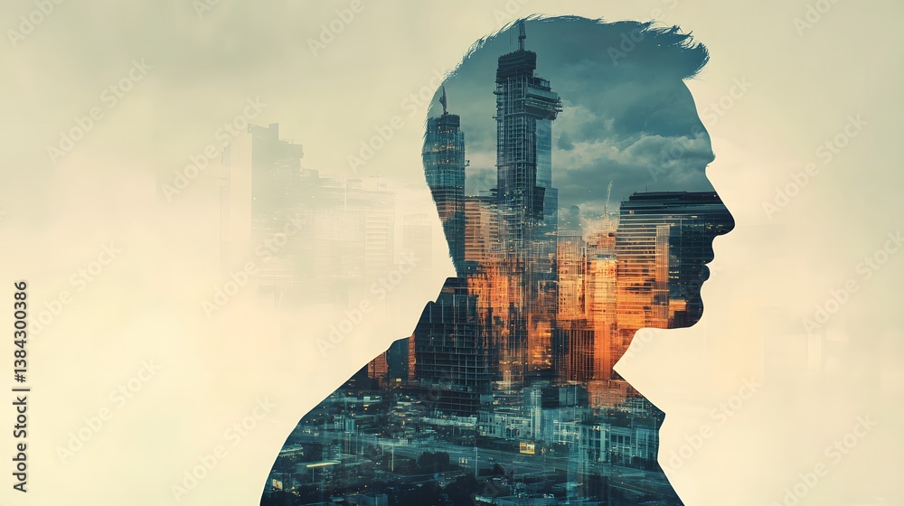 Poster silhouette of man with cityscape reflection at dusk time