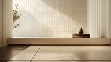 Fototapeta premium Minimalist serene room, sunlight, beige decor, zen interior, home design