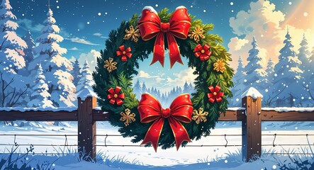 Holiday wreath with red bows and gold accents hanging on fence post in snowy landscape anime cartoon style illustration artwork design background