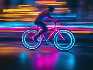 Neon bicycle in motion in an urban setting with copy space on the left
