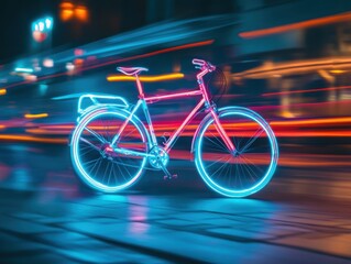 Neon bicycle in motion in an urban setting with copy space on the left