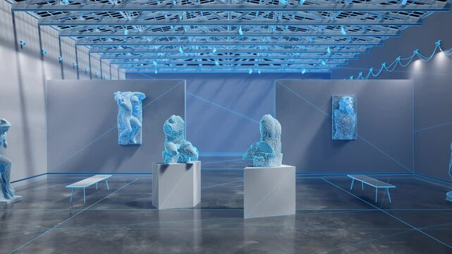 Wireframe on marble statues in a museum interior. 3D animation.