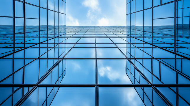 Below view of a modern office high-rise building with reflective glass windows