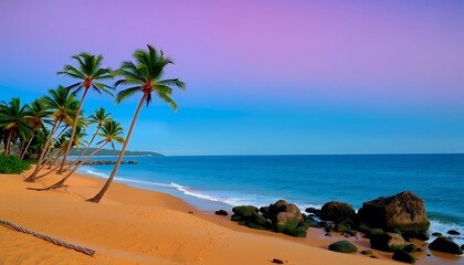 Naklejka premium Tropical beach paradise sunset palm trees sway gently vibrant ocean waves soft golden light