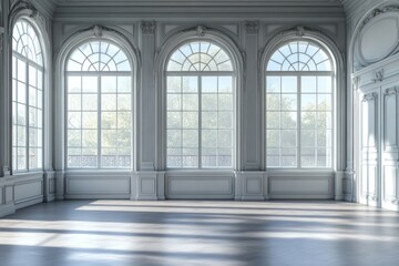 Obraz premium Sunlit grand room with arched windows and ornate molding.
