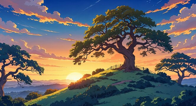 Majestic oak trees on a hilltop during sunset anime cartoon style illustration artwork design background