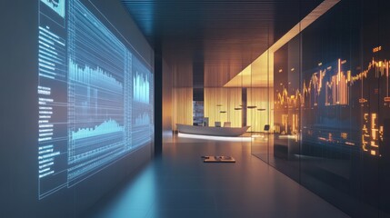 Modern, futuristic office interior with holographic displays showing financial data.