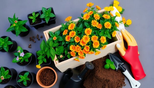 Vibrant spring planting yellow flowers in wooden box gardening gloves soil pots top view bright