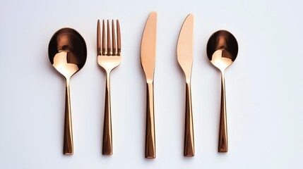 Rose gold cutlery isolated on white background