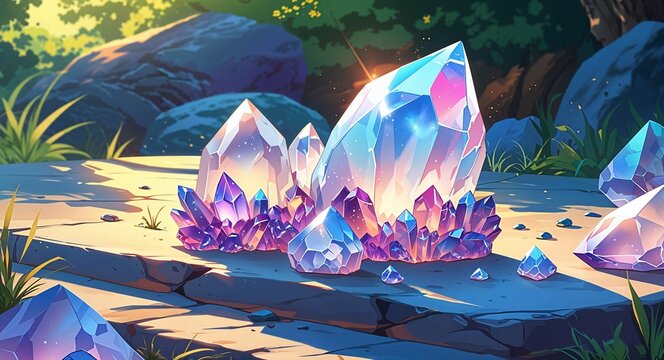 Polished moonstone crystals lying on a smooth stone platform in sunlight anime cartoon style illustration artwork design background