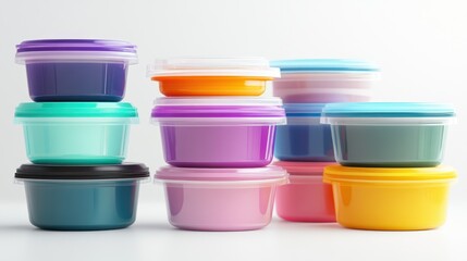 Colorful food storage containers stacked studio