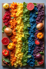 Fototapeta premium Colorful rainbow snack board featuring fruits and vegetables vibrant display modern kitchen top-down perspective fun concept
