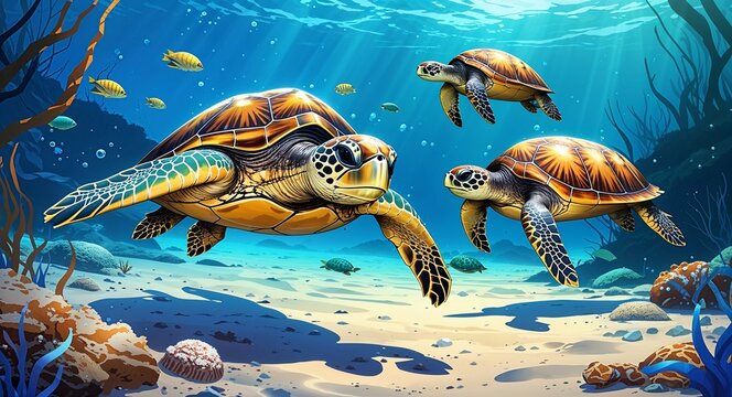 Sea turtles gliding along a sandy ocean floor underwater anime cartoon style illustration artwork design background