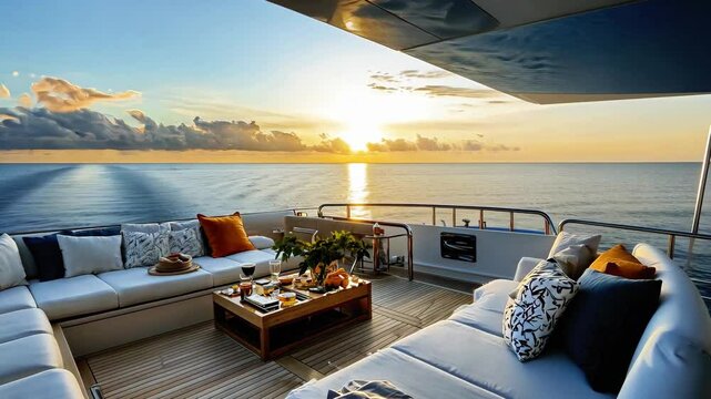 Luxurious yacht deck at sunset over ocean, featuring comfortable seating, decorative pillows, and beautifully arranged table with snacks and drinks for serene and inviting atmosphere.