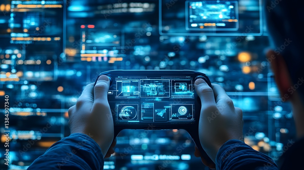 Poster close-up of hands holding a futuristic controller displaying holographic data. the background is a c