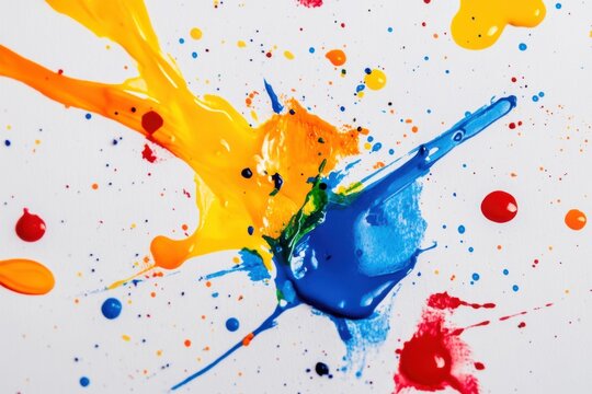 Abstract paint splatters in triadic color scheme with studio lighting and space for text