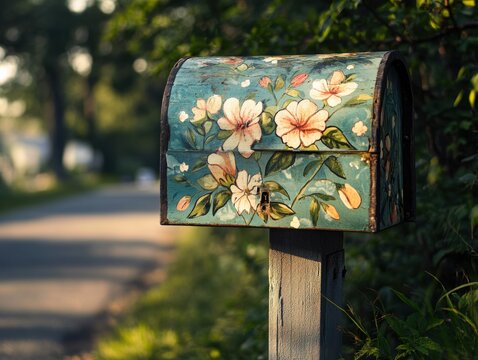 Painted mailbox with flowers and morning sunlight