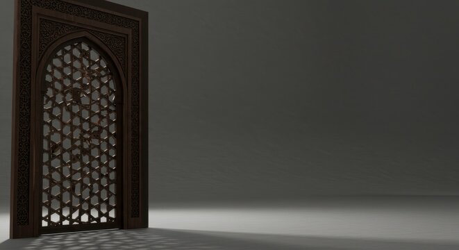 Intricate Wooden Panel  Islamic Architectural Design Element Brown Carved Latticework