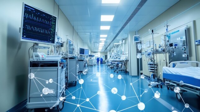 Modern hospital corridor with medical equipment and technology overlay.