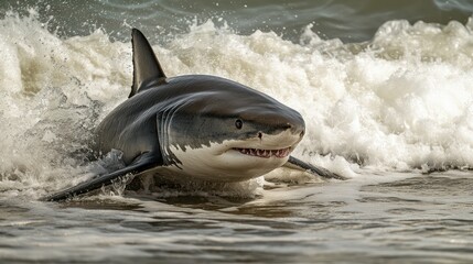 Fototapeta premium Great White Shark in Ocean Waves