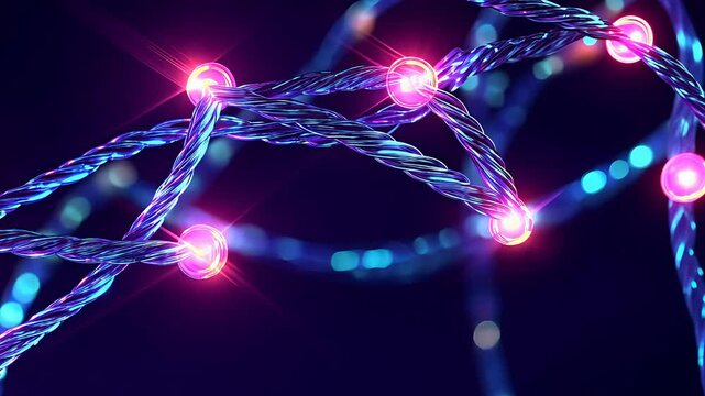 Close-Up of Glowing LED Lights on Twisted Wires, Bright Colorful Background

