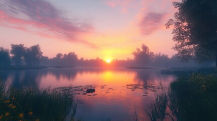 Obraz premium Serene sunrise over a tranquil lake