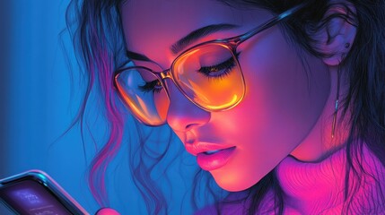 Fototapeta premium illustration, technology, glow, latin hispanic woman checking digital wallet on smartphone,stock image