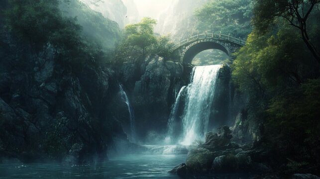 Misty mountain waterfall flows under ancient bridge, lush foliage, tranquil scene, perfect for fantasy/travel