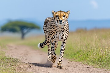 A cheetah mid-sprint across the savanna, dust trailing behind as it reaches top speed
