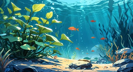 A close up of an underwater plant with small fish swimming in the background underwater anime cartoon style illustration artwork design background