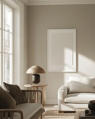 Sunlit living room with beige sofa, wooden side table, and empty frame.