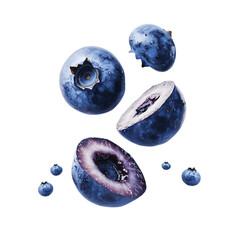 Blueberry with half slices falling or floating