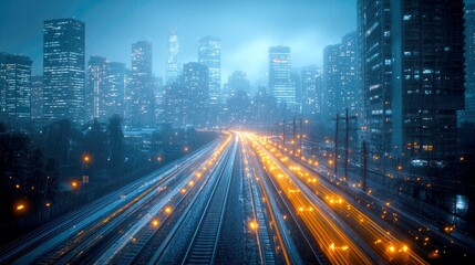 Rainy Metropolis: Night Traffic and City Lights on a Wet Urban Landscape