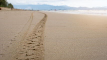 Motorcycle tire tracks curve along the sandy beach, leading toward the distant ocean and mountains. A peaceful coastal scene symbolizing travel, freedom, and exploration under soft sunlight.