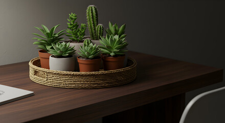 Obraz premium Desk with Succulents and a Woven Tray: Serene Workplace Interior Design