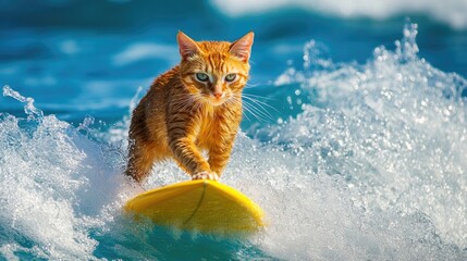 Orange tabby cat surfing on a bright yellow surfboard