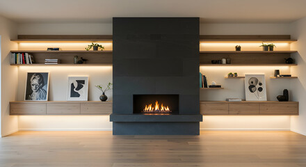 Elegant Modern Living Room Fireplace with Built in Floating Shelves Decor