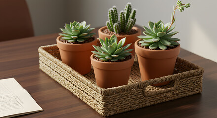 Fototapeta premium Charming Succulents Displayed on Woven Tray for Home Decor Accents
