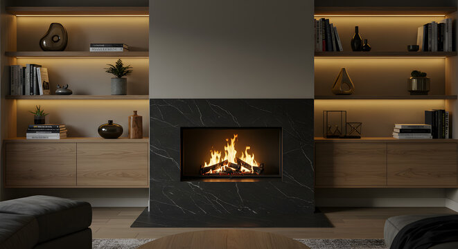Warm Modern Living Room Interior with Fireplace and Built In Shelves