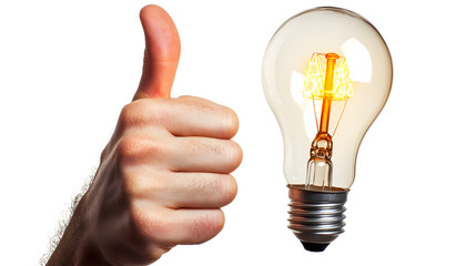 A hand giving a thumbs up gesture next to a glowing light bulb, symbolizing a great idea or successful innovation.  Isolated on white background.