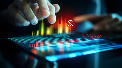 A hand interacts with a digital tablet displaying vibrant, dynamic data graphs and charts, symbolizing data analysis, technology, and market trends.