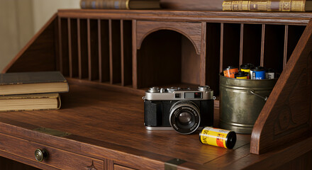 Vintage Photography Enthusiast's Wooden Desk Still Life With Camera And Films