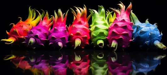 abstrak rainbow color Dragonfruit in drakness, ai generative