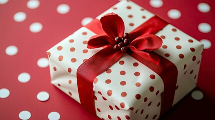 Obraz premium Red and White Polka Dot Gift Box with Red Ribbon and Bow: A Perfect Present for Any Special Occasion