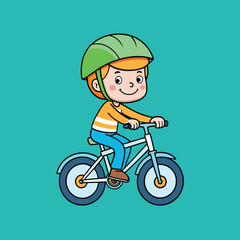 the kid is riding a bicycle with helmet vector