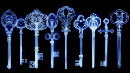 Antique keys X-ray style, dark background, security concept