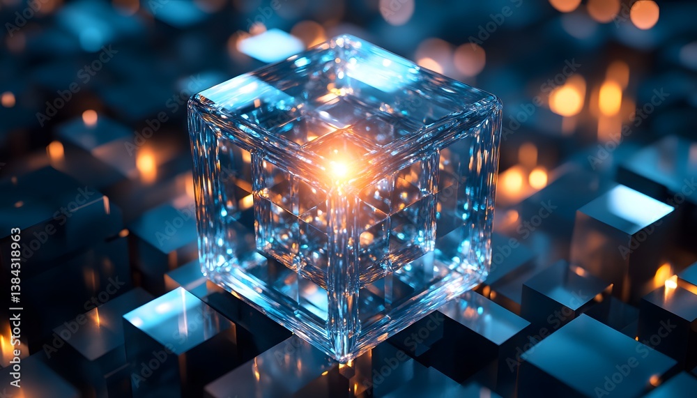 Aufkleber Abstract Light Reflection on Transparent Cube in Digital Environment