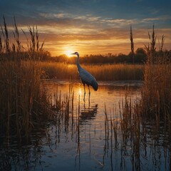Oil painting of a crane standing in the reeds at sunset.