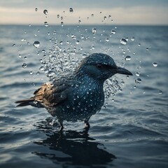 A surreal bird made of water droplets above an ocean.