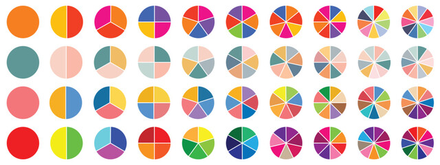  Pie charts diagrams. Pie chart infographic set. Different color circles. donut and pie chart infographic elements se. Vector illustration 